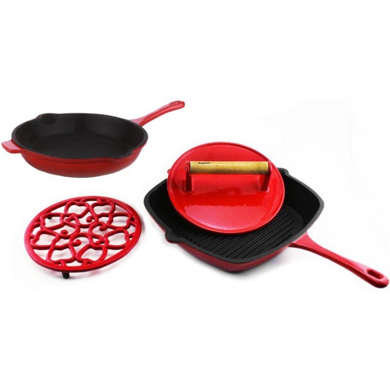 BergHOFF Neo 4pc Cast Iron Fry Pan & Grill Pan Set, Red