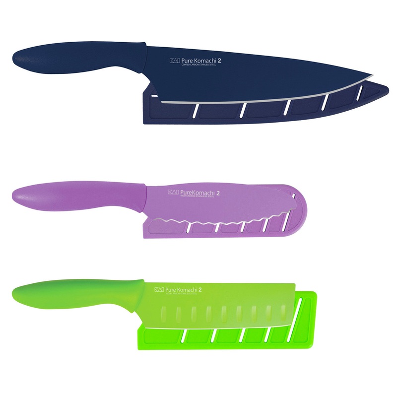 Kai Pure Komachi 3 Piece Knife Set, 8″ Chef’s, 6″ Nakiri, 6″ Serrated Utility