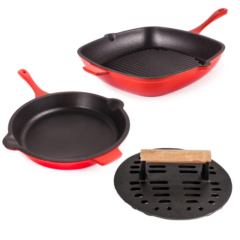 BergHOFF Neo 3pc Cast Iron Fry Pan & Grill Pan Set with Slotted Steak Press, Red
