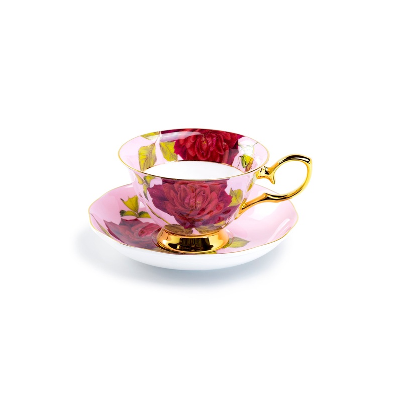 Gold Pink Stem Rose Bone China Tea Cup and Saucer