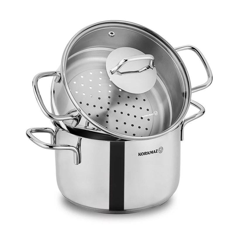 Korkmaz Perla Stainless Steel Steamer Cooking Pot, Glass Lid, 9.4″ x 6″(175.8 oz)