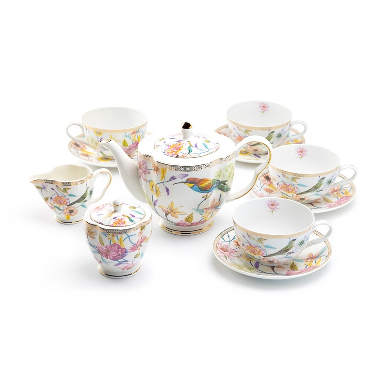 Spring Flowers with Hummingbird Fine Porcelain Latte Cups Tea Set