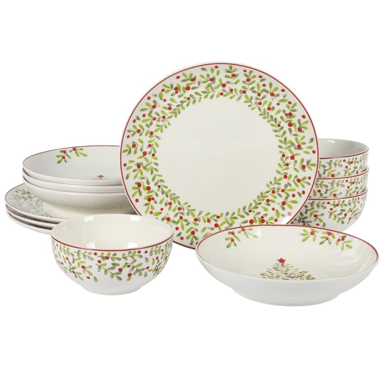 Gibson Home Tree Festival 12 Piece Double Bowl Dinnerware Set