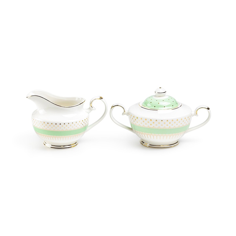 Mint Green Stripe with Gold Dots Fine Porcelain Sugar & Creamer Set