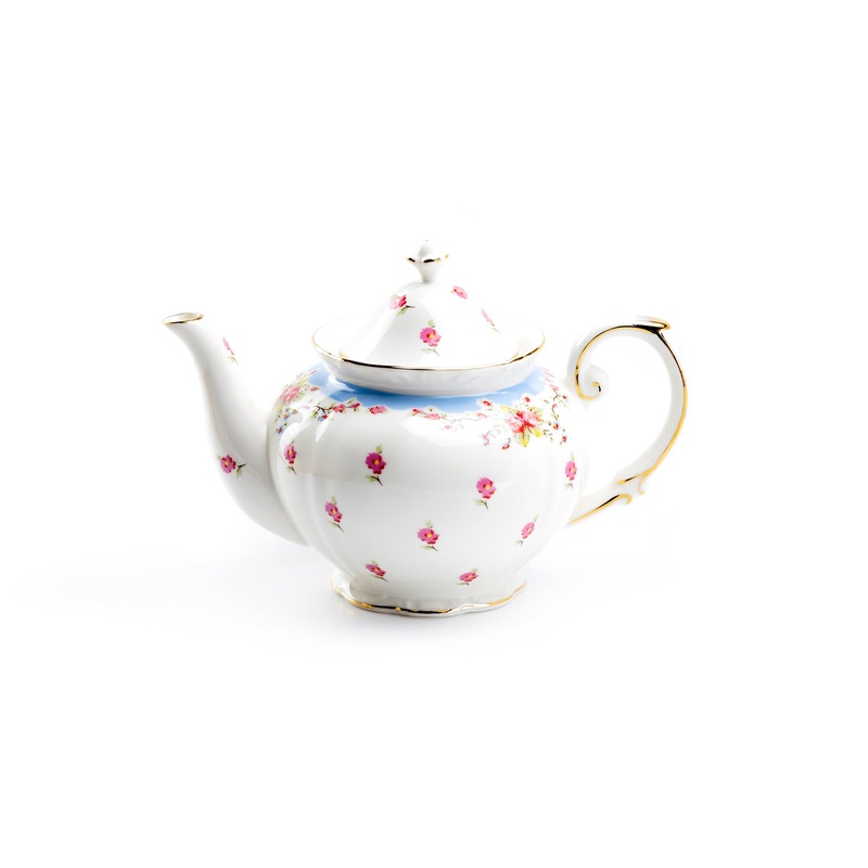 Rose with Blue Accent Fine Porcelain Teapot