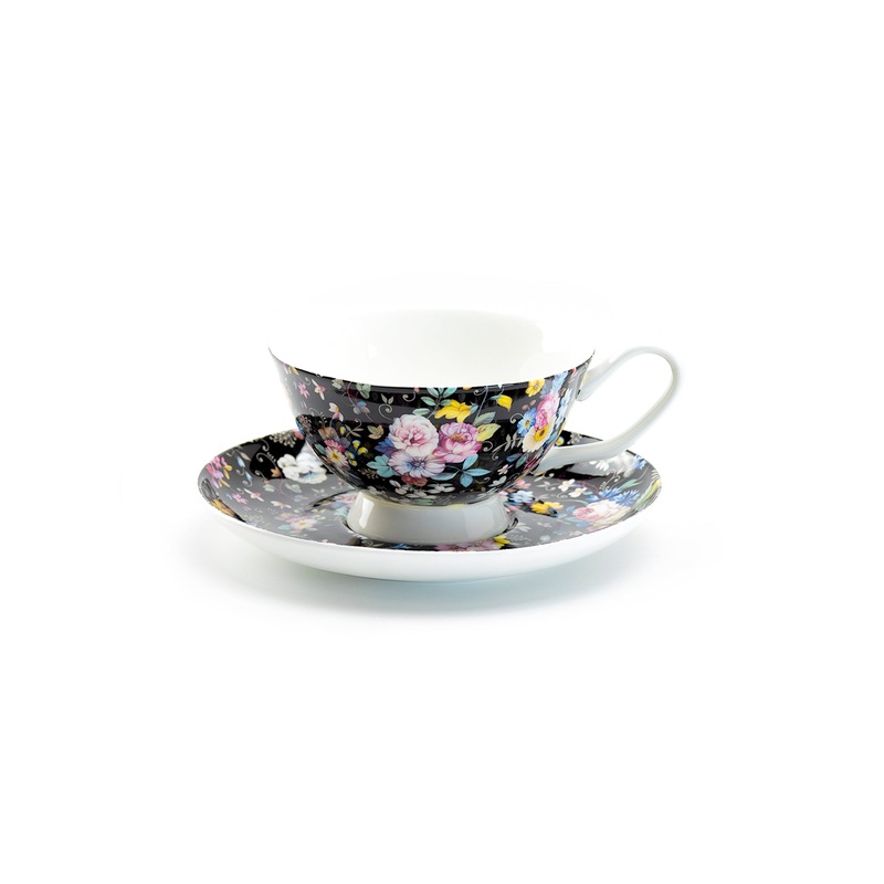 Victorian Petite Rose Black Bone China Cup and Saucer