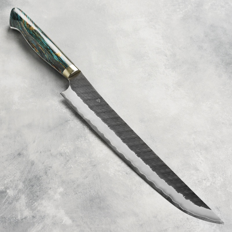 Nigara SG2 Kurouchi Tsuchime 10.6″ Sakimaru Sujihiki, Striped Turquoise