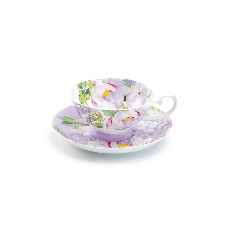 Peony Bloom Purple Bone China Cup and Saucer
