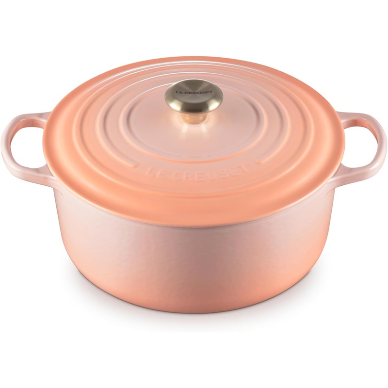 Le Creuset 6 3/4 Qt. Enameled Cast Iron Signature Round Wide Oven w/Gold Knob – Peche