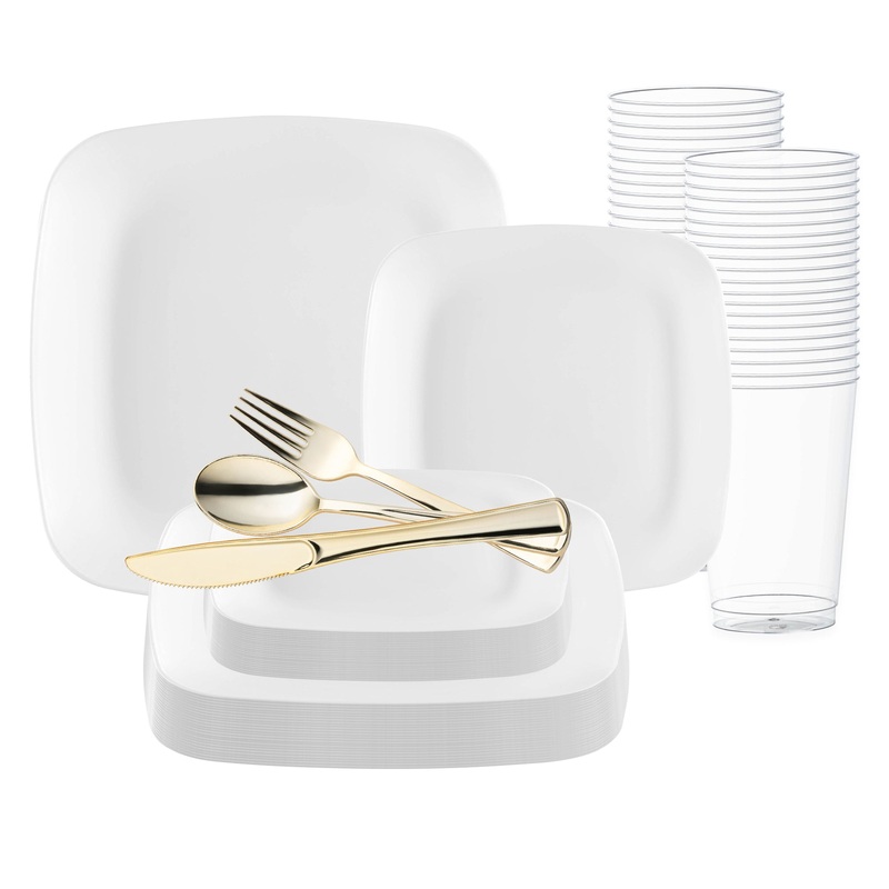 Solid White Flat Rounded Square Disposable Plastic Wedding Value Set