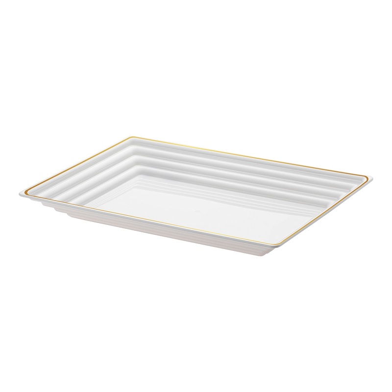 9″ x 13″ White with Gold Rim Rectangular Plastic Serving Trays