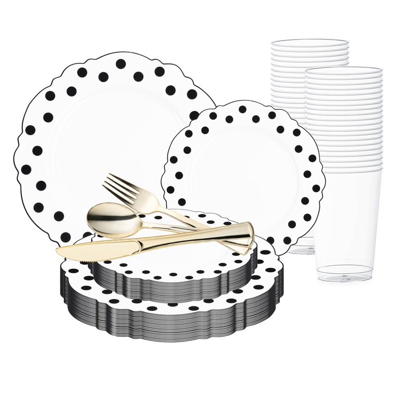 White with Black Dots Round Blossom Disposable Plastic Wedding Value Set