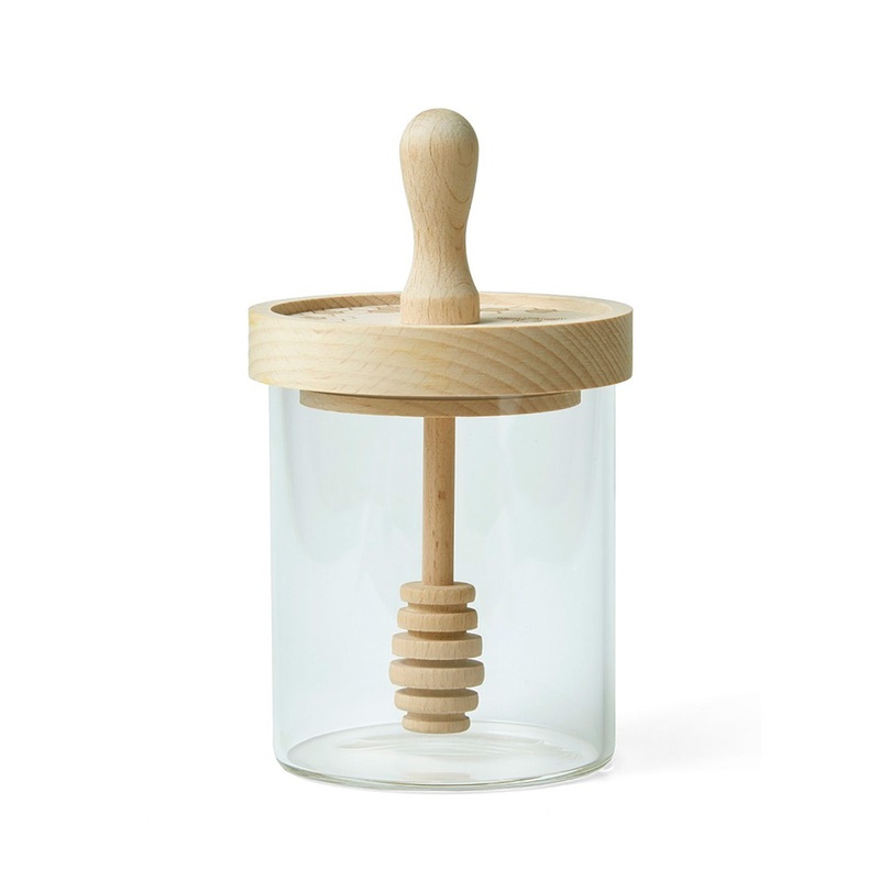 Talisman Designs Glass Honey Jar with Laser Etched Beechwood Lid & Integrated Honey Dipper, Honey Bee Collection