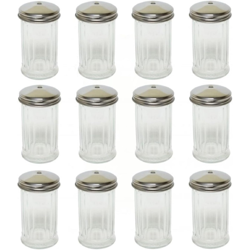 12 oz. Sugar Cheese Shaker Pourer with Stainless Steel  Set of 12- Paneled design Sugar Cinnamon Sugar Pepper Powder Cocoa Shaker for Kitchen and Restaurants
