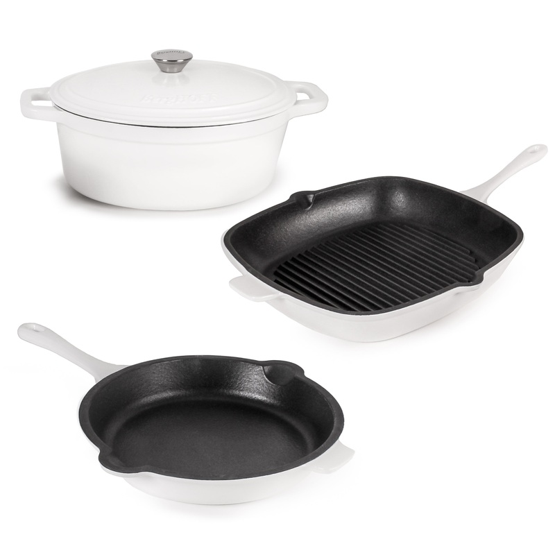 BergHOFF Neo 4pc Cast Iron Cookware Set, Grill Pan, Fry Pan & Oval Dutch Oven, White