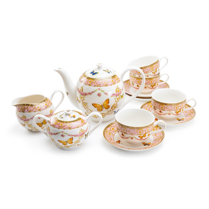 Butterflies with Pink Ornament Fine Porcelain 11-Piece Tea Set