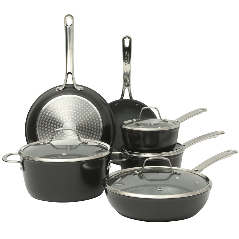 Sur La Table Kitchen Essentials Cool Commune Hard Anodized 10 Piece PFA Free Ceramic Non stick Interior Forged Durable Aluminum Pots and Pans Cookware Set
