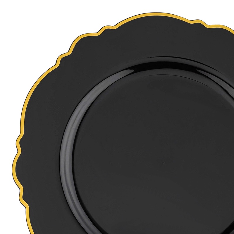 Black with Gold Rim Round Blossom Disposable Plastic Appetizer/Salad Plates (7.5″)
