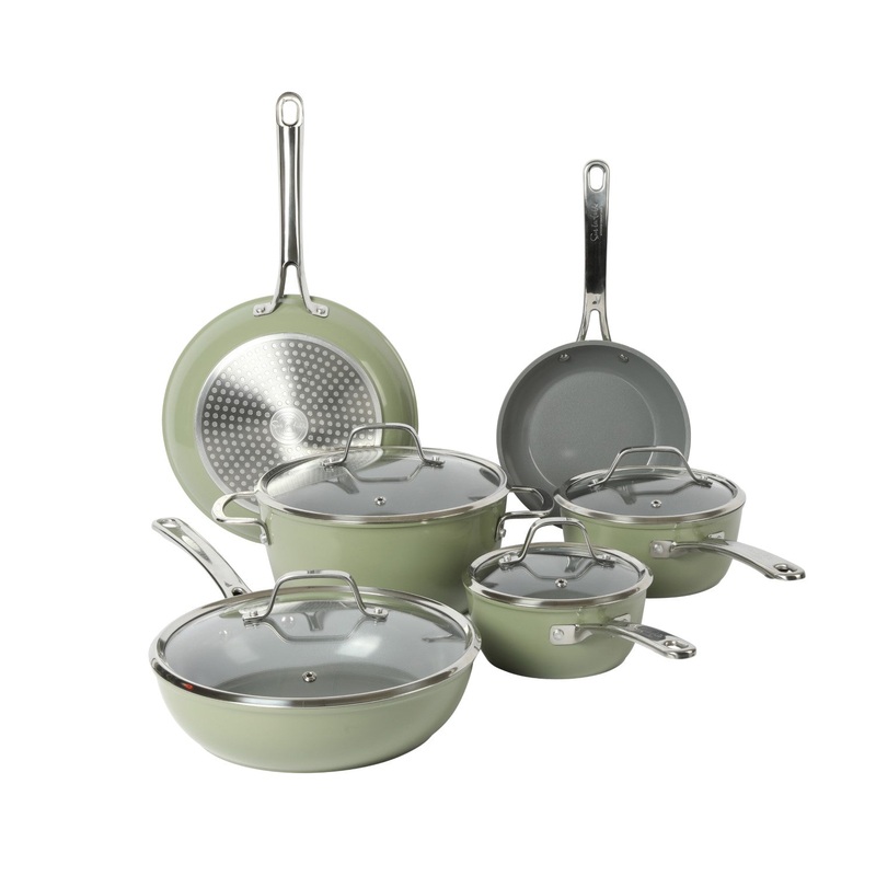 Sur La Table Kitchen Essentials 10-Piece PFA Free Titanium Ceramic Nonstick Interior Forged Aluminum Cookware Pots and Pans Set – Induction Compatible