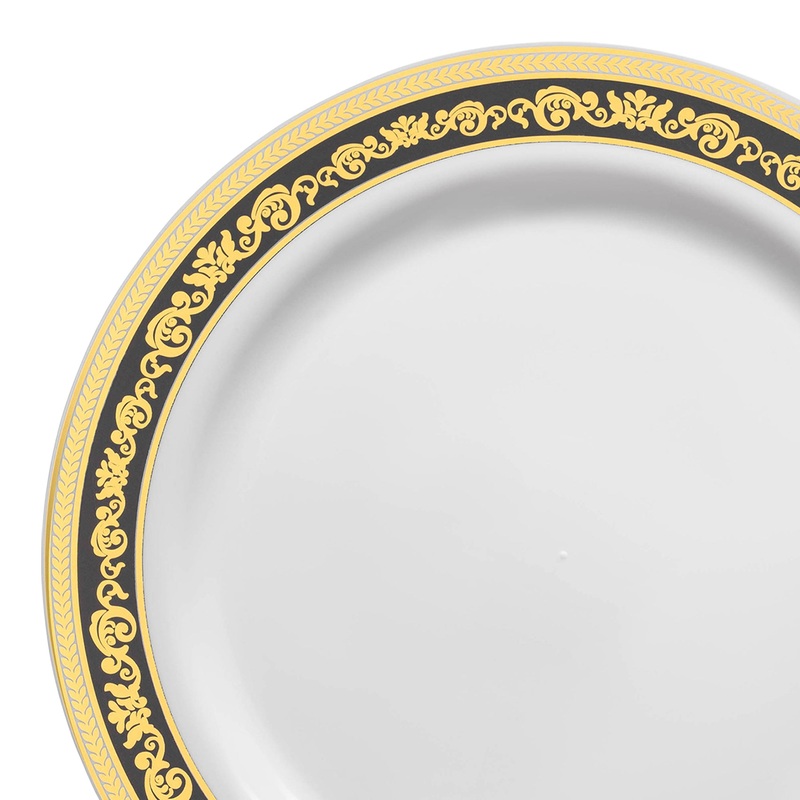 White with Black and Gold Royal Rim Plastic Appetizer/Salad Plates (7.5″)