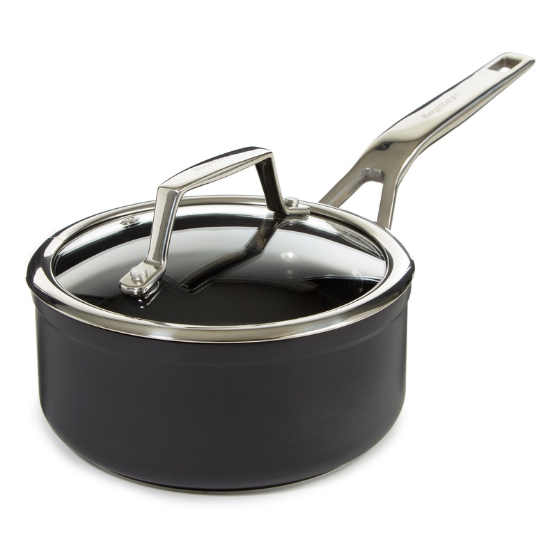 BergHOFF Essentials Nonstick Hard Anodized 6.25″ Saucepan 1.3qt. With Glass Lid, Black