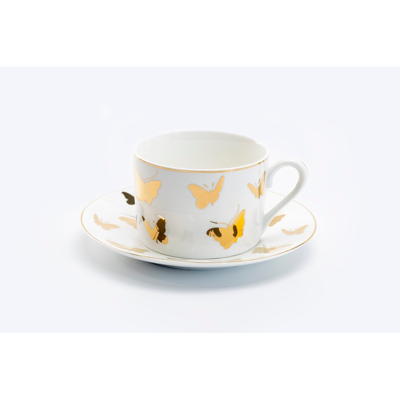Gold Butterflies Fine Porcelain Tea Cup and Saucer