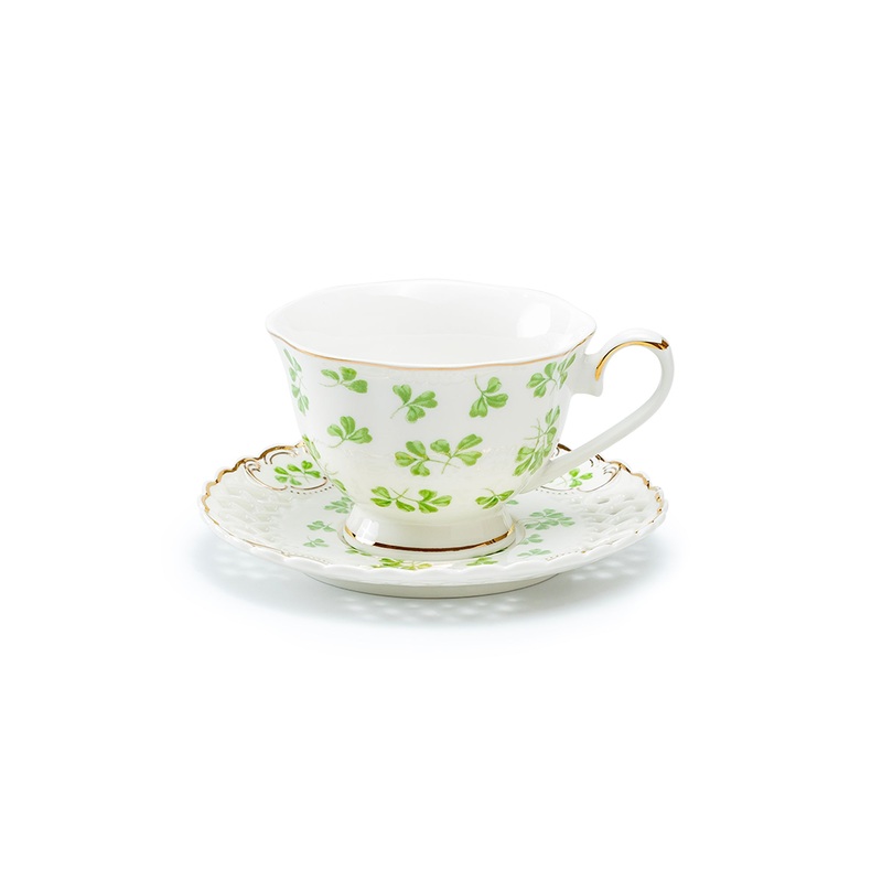 Shamrock Fine Porcelain Tea Cup and Saucer with Pierced Design