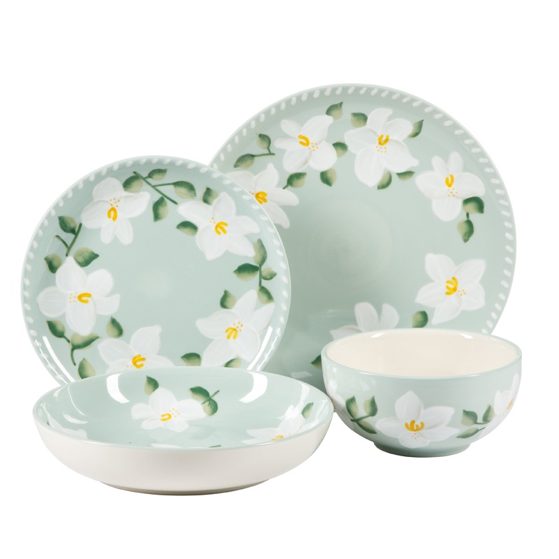 Bloomhouse Magnolia Bloom 16 Piece Double Bowl Hand Painted Stoneware Plates and Bowls Floral Dinnerware Set