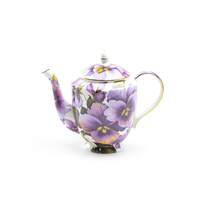 Purple Gold Pansy Bone China Teapot