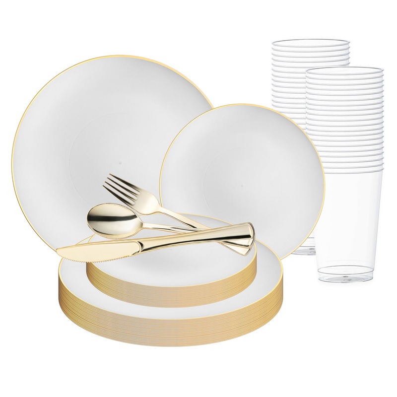 White with Gold Rim Organic Round Disposable Plastic Wedding Value Set