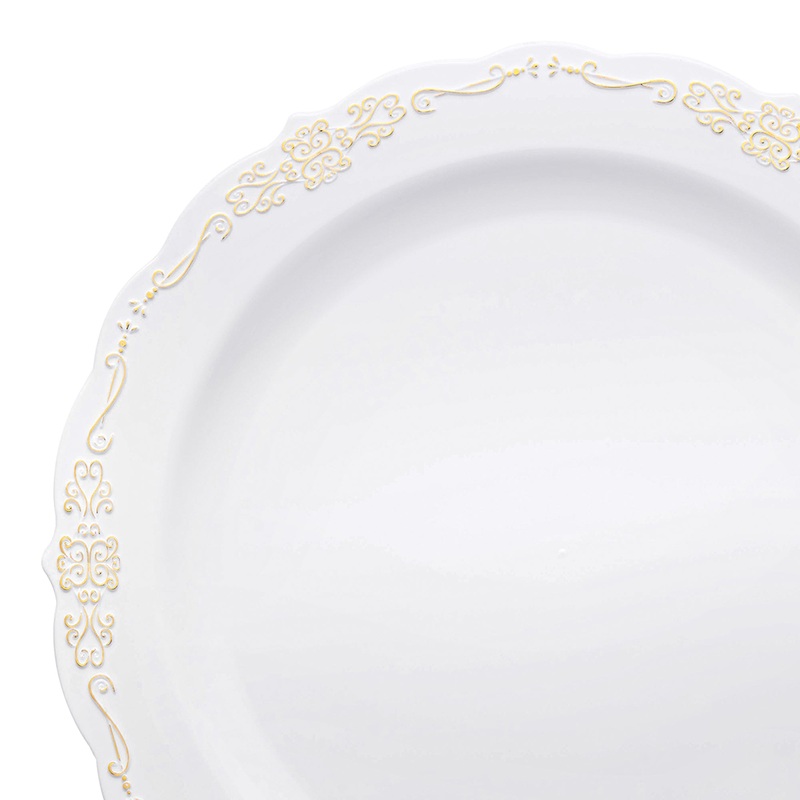 White with Gold Vintage Rim Round Disposable Plastic Dinner Plates (10″)