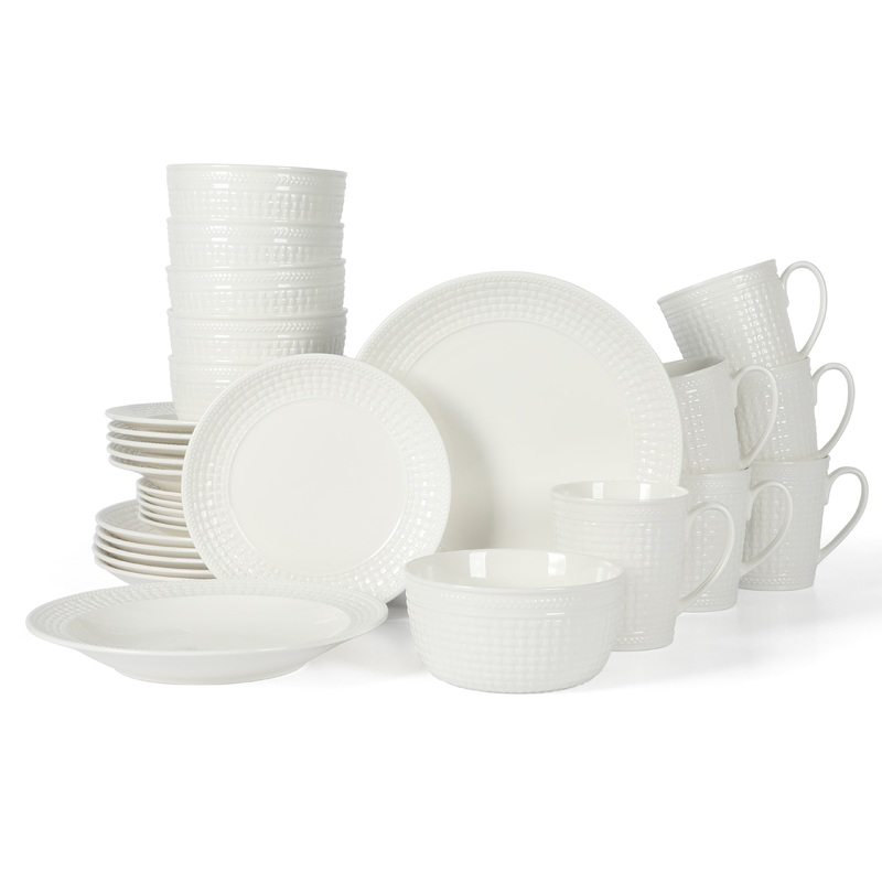 Martha Stewart Basket Weave 30-Piece New Bone China Embossed Porcelain Dinnerware Set