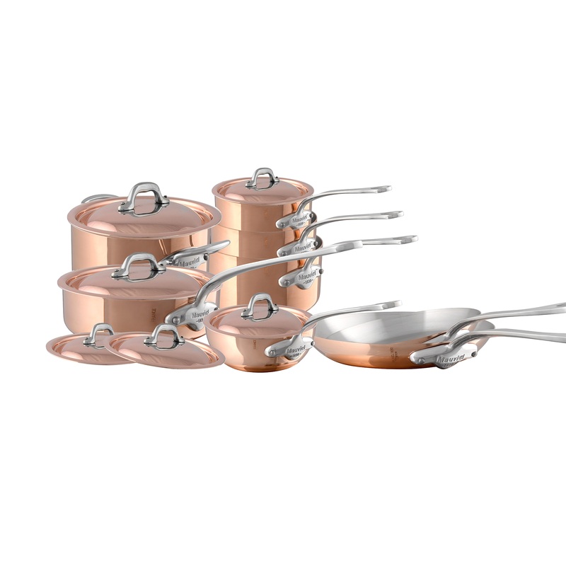 Mauviel M’Heritage M’150 S Copper 14-Piece Copper Cookware Set With Cast Stainless Steel Handles And Curved Lid