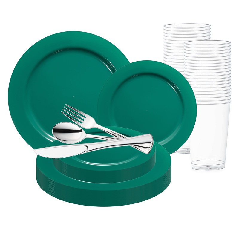 Solid Green Holiday Round Disposable Plastic Wedding Value Set