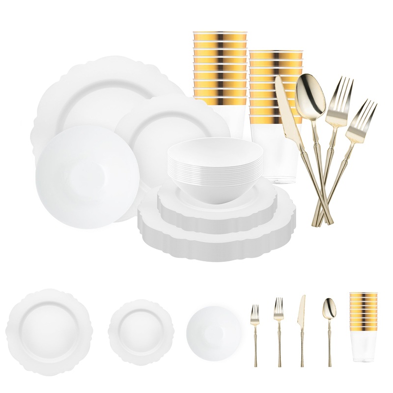 White Blossom Rim Disposable Plastic Tableware Set