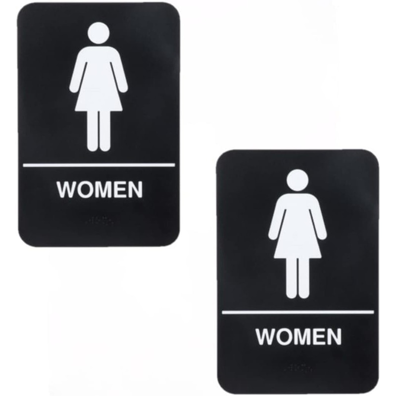 6″ x 9″ Women Restroom Sign with Braille Easy Peel Self-Adhesive White on Black Color Set of 2- Waterproof Self Adhesive Store Signs Indoor/Outdoor Warning Marker Home Business Use