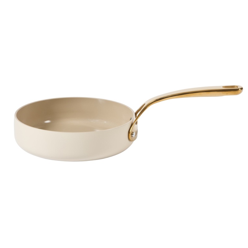 Bloomhouse 8 Inch Heavy Duty Aluminum Premium PFA Free Ceramic Nonstick Saute/Deep Frying Pan Skillet – Linen White with Gold Handle