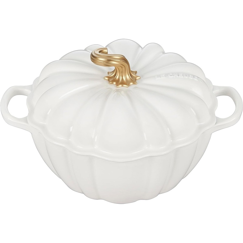 Le Creuset 4 Qt Figural Pumpkin Cocotte w/Gold Figural Knob – White