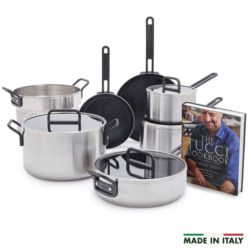 Stanley Tucci Stainless Steel Ceramic Nonstick 11-Piece Cookware Set with The Tucci Cookbook | Black Handles