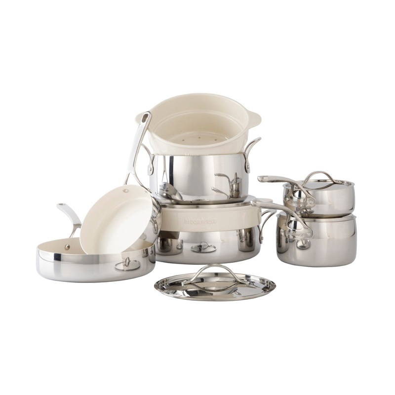 Bloomhouse 12 Piece Triply Stainless Steel Cookware Set w/ Non-Stick Non-Toxic Ceramic Interior and Ceramic Steamer Inserts