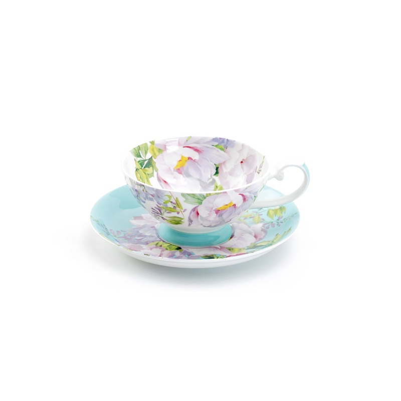 Peony Bloom Blue Bone China Cup and Saucer