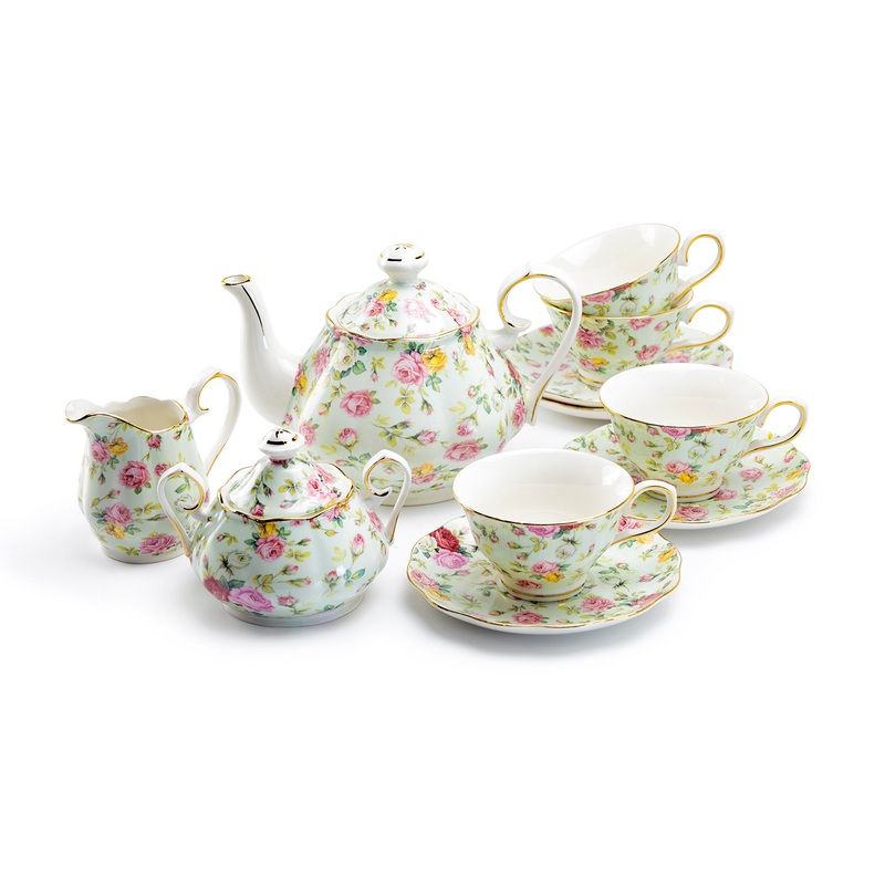 Blue Cottage Rose Chintz Fine Porcelain 11-Piece Tea Set