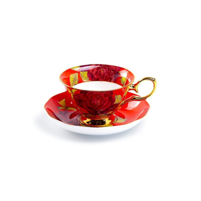 Gold Red Stem Rose Bone China Tea Cup and Saucer