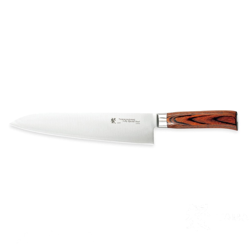 Tamahagane San 3-ply Special Steel Chef’s Knife with Brown Pakkawood Handle, 9.4-Inches