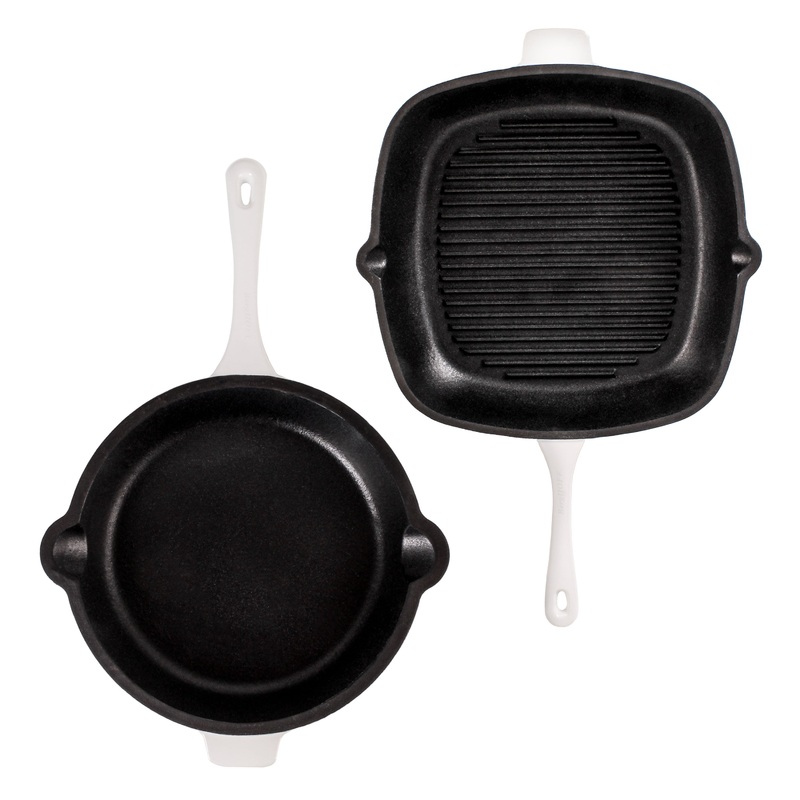 BergHOFF Neo 2pc Cast Iron 10″ Fry Pan & 11″ Grill Pan Cookware Set, White