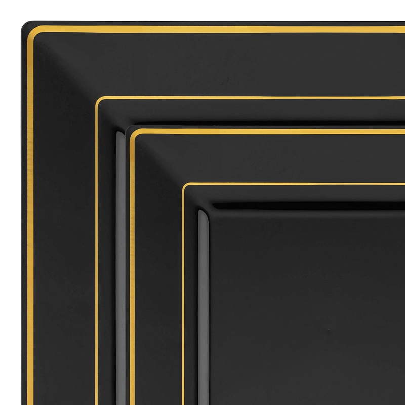 Black with Gold Square Edge Rim Plastic Dinnerware Value Set
