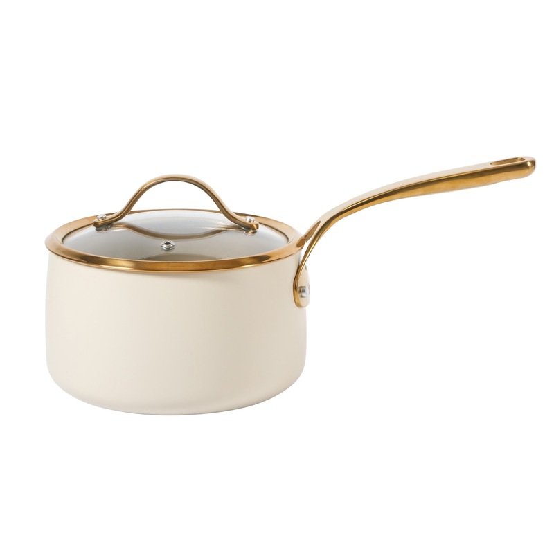 Bloomhouse 3 Quart Heavy Duty Aluminum Premium PFA Free Ceramic Nonstick Saucepan with Lid – Linen White with Gold Handle
