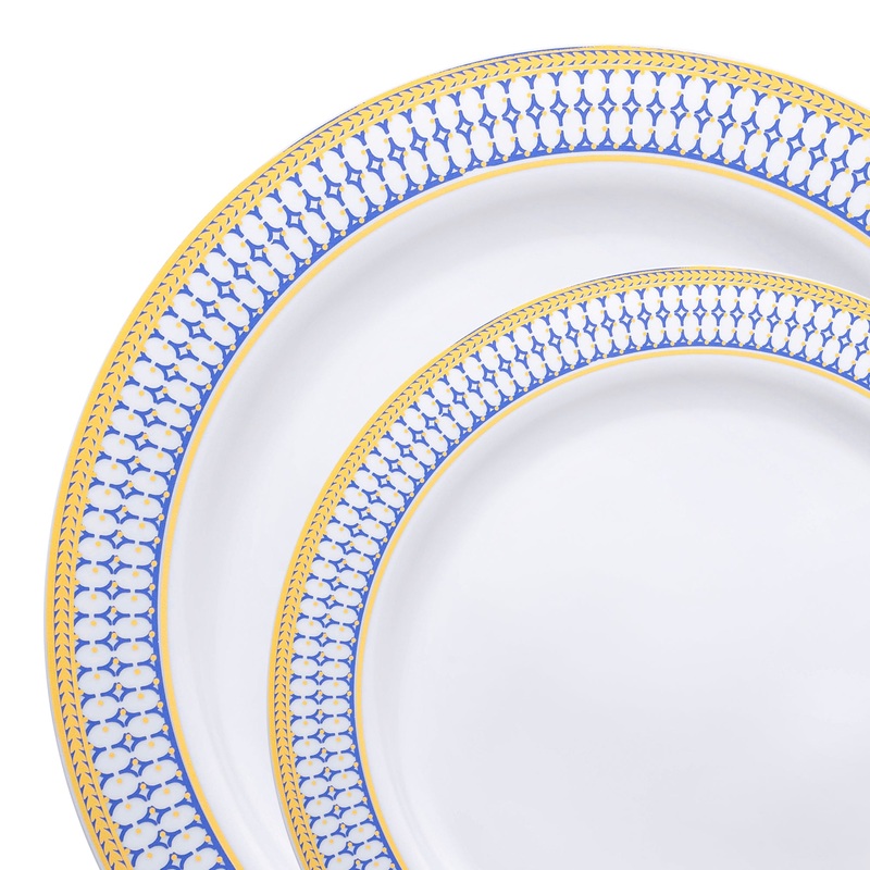White with Blue and Gold Chord Rim Plastic Dinnerware Value Set