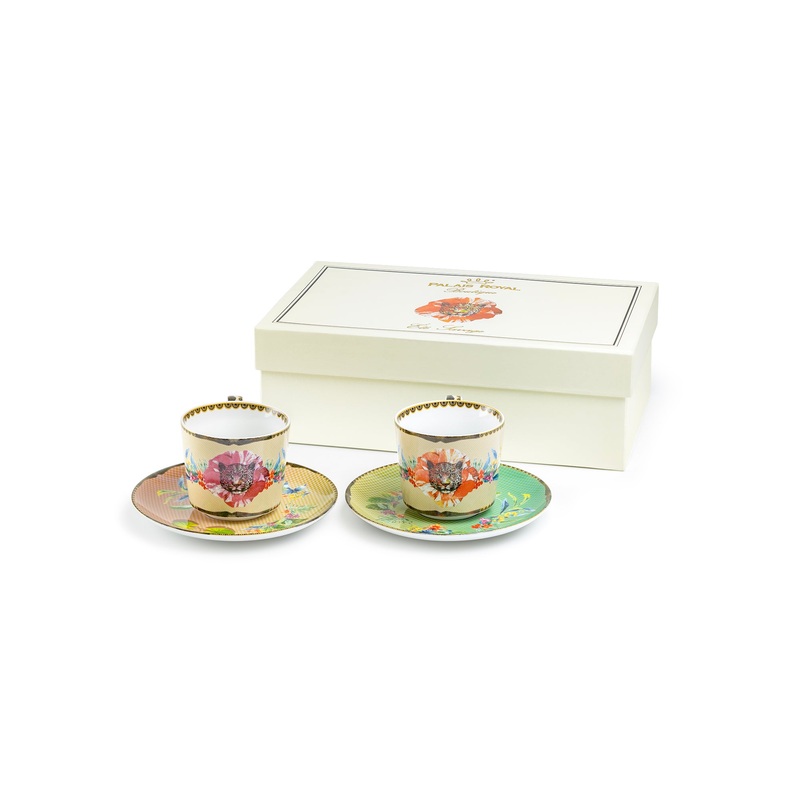 Summer Savanna Leopard Fine Porcelain Cup and Saucer Set of 2 with Gift Box