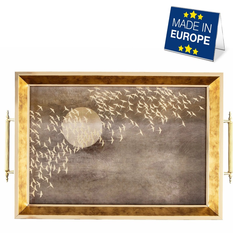 Hakan Rectangular Decorative Serving Tray 19×11.5-inch Gold-Moonlit Flight with Glass Surface